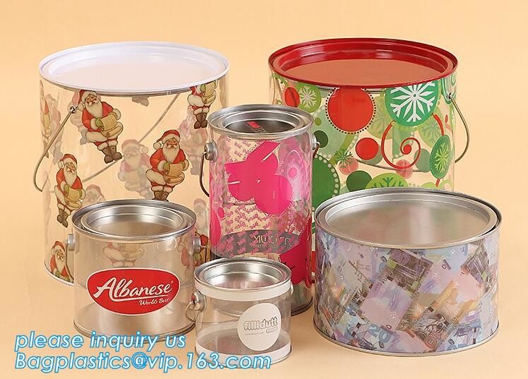 clear PVC PET can for food canning,Customized round clear paint can with tin lid,paint can with tin top & bottom and han