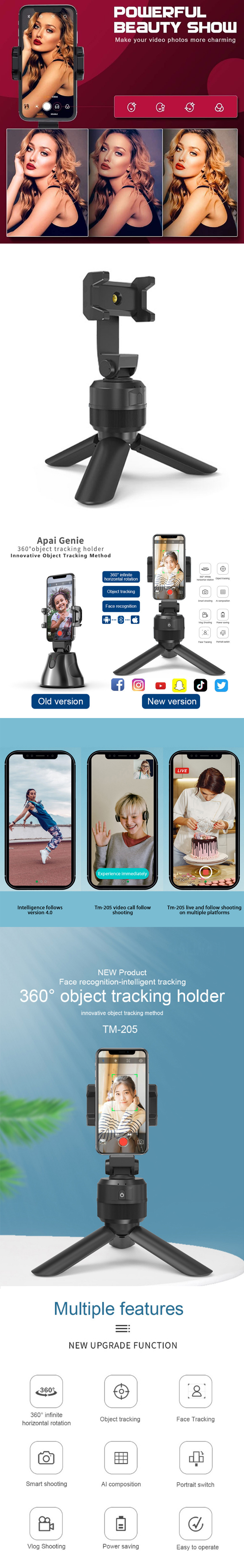Auto Selfie Face Tracking selfie stick holder 360 Rotation Portable smart phone mount holder