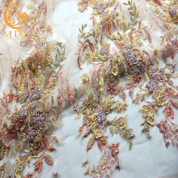 Fashion Beaded 3D Applique Lace Fabric Handmade Embroidery For Bridal Dress