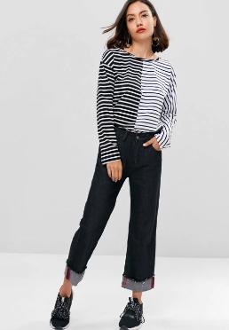 Antumn Women Contrasting Stripes Long Sleeve T-shirt
