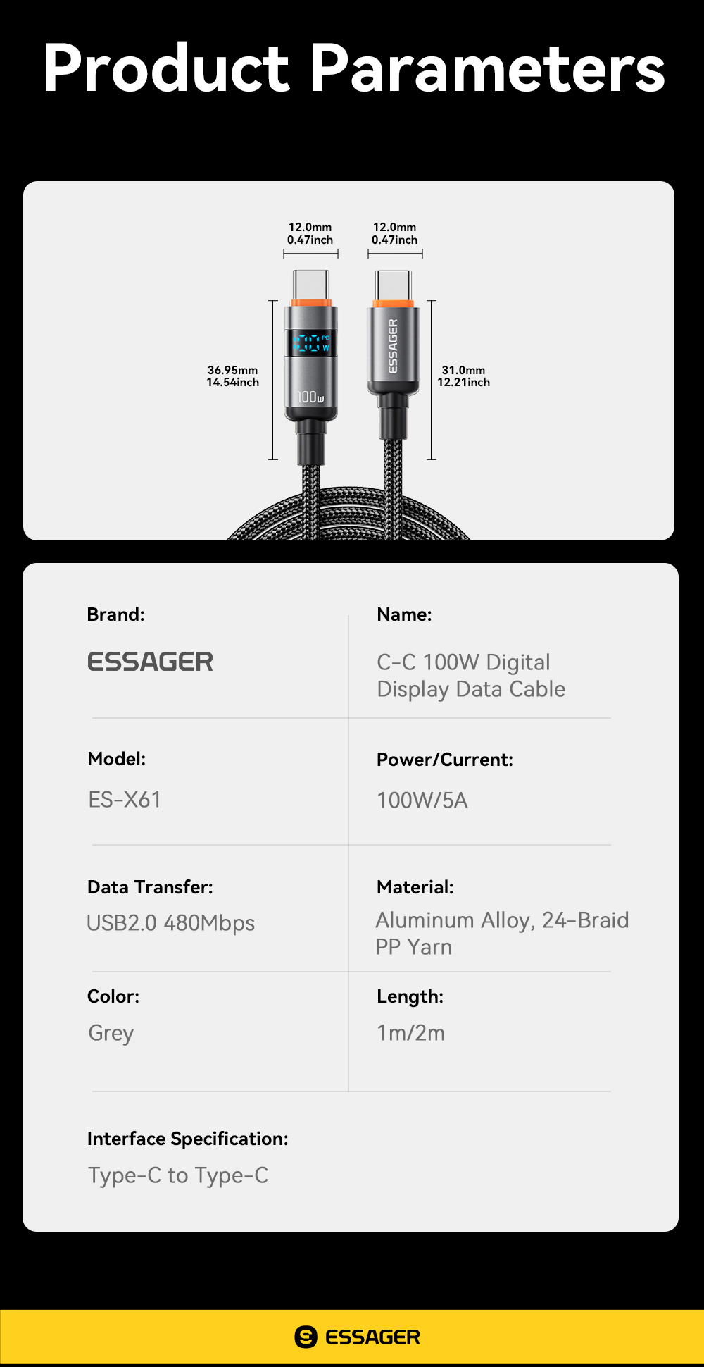 Braid Shielding USB C To C Charging Cable 100W 1m 2m ES-X61 Series