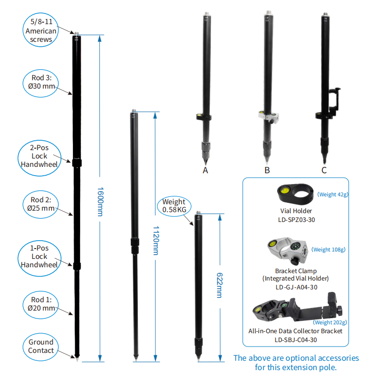 Compact Size Telescopic Centering Rod Survey Pole With Locking Mechanism 30mm Dia
