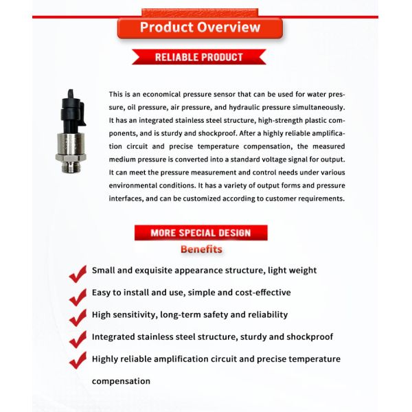 24V 5VDC Pressure Sensor for Precise Liquid Level Measurement in Tanks and Containers