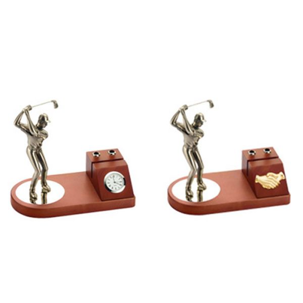 Wooded Base Golf Trophy Cup Multi Functional With Pen Container & Clock