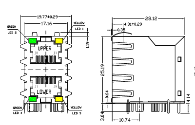 Two Ports RJ45 Connector LED Integrated 100M Magnetics LPJ17087AENL