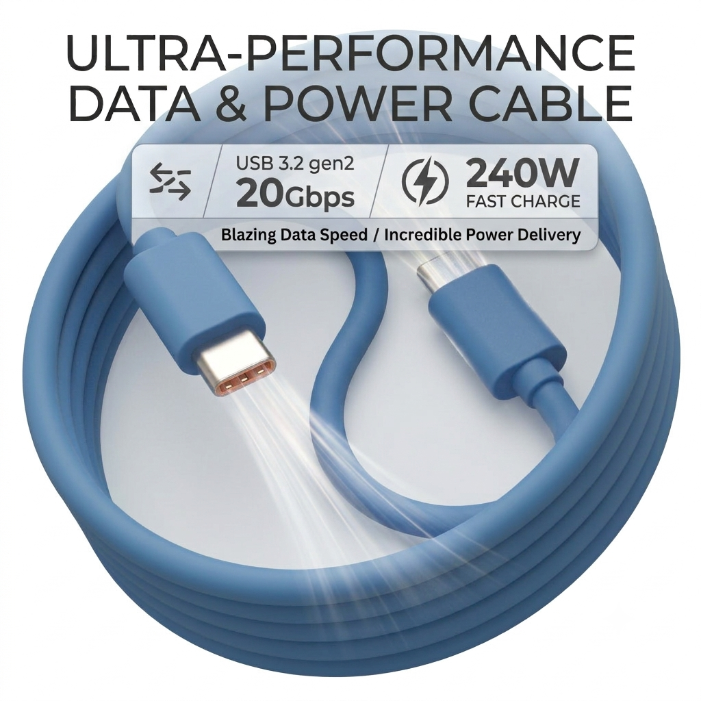 Flexible Fast Charging Cable 20Gbps Tangle Free Charging Cable Blue For Portable Display