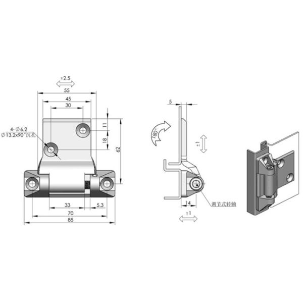 Adjustable Cabinet T Type Hinge Zinc Alloy 135x130x27.5mm
