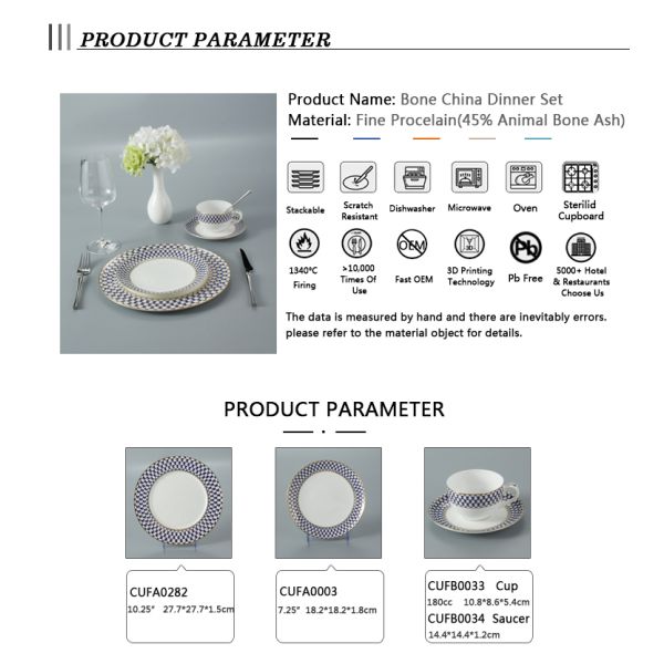 FDA Luxury fadeless Thin Bone China Crockery Set