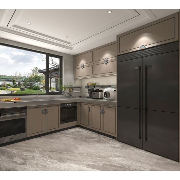 New Chinese Style Teak Wood Grain Kitchen Cabinet U Shaped Kitchen Units Easy Clean