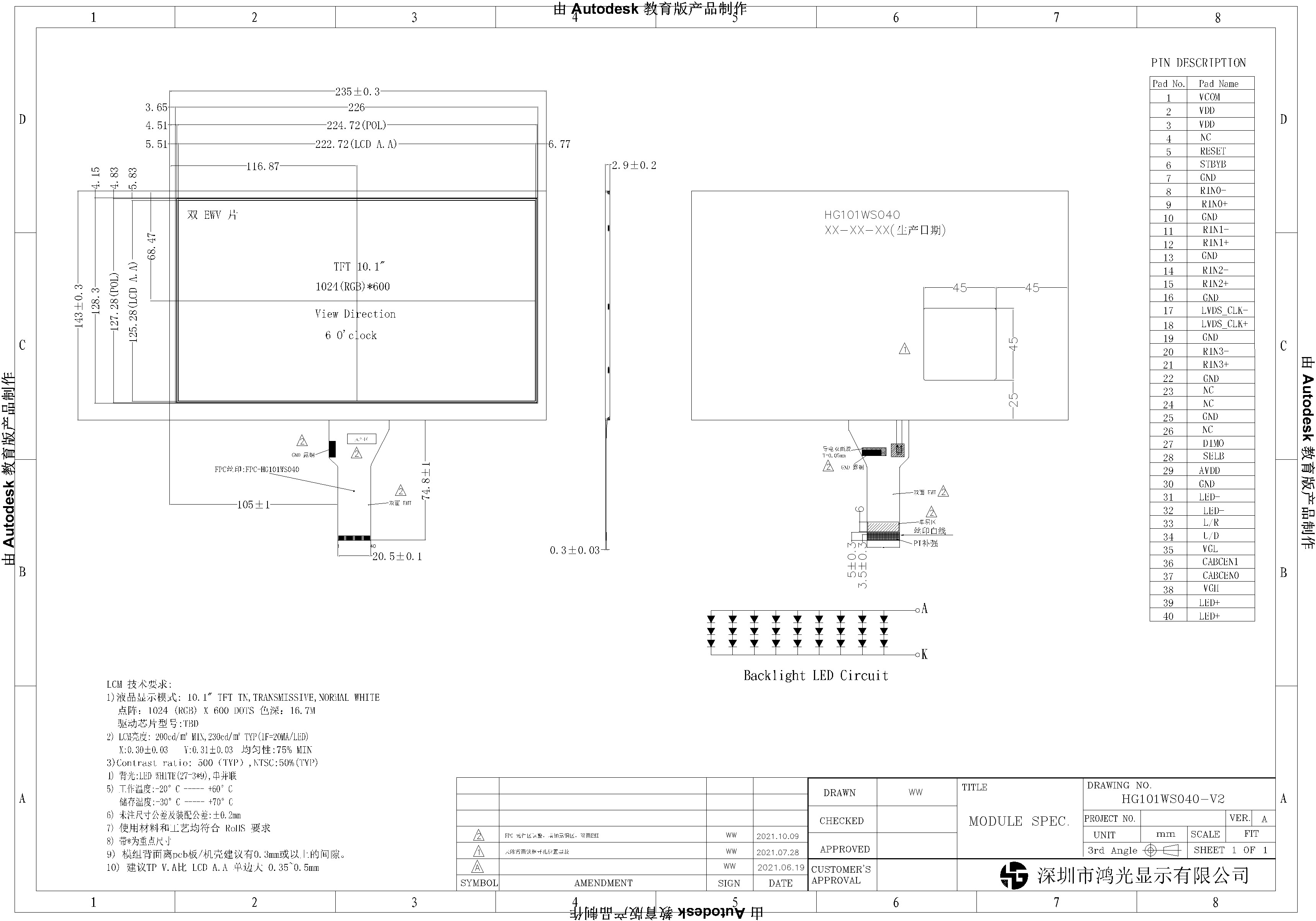LVDS Interface 40PIN 10.1 TFT LCD Display 1024x600 TFT IPS Display