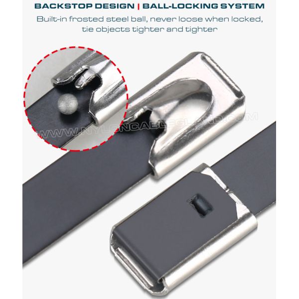 316/304 Stainless Steel Ball-lock Cable Tie 200mm x 7.9 with Black Epoxy Fully Coating (380lbs) for Outdoor Fence