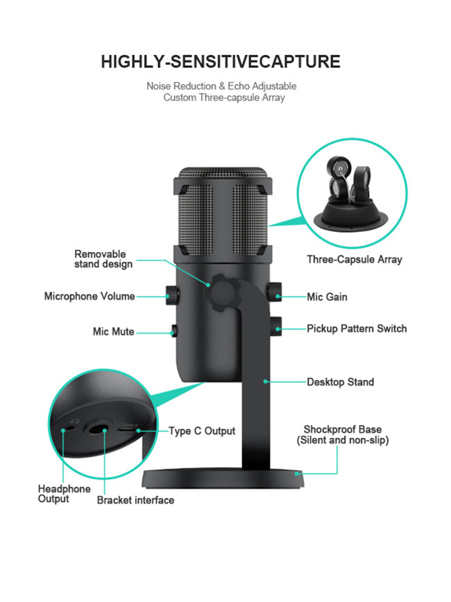 Studio Recording USB Condenser Microphone With Wide Dynamic Range