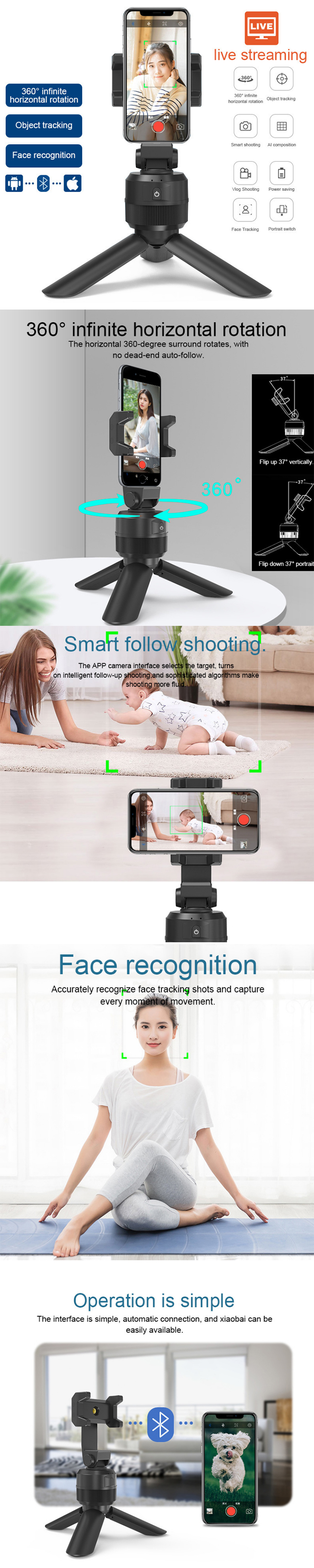 Auto Selfie Face Tracking selfie stick holder 360 Rotation Portable smart phone mount holder