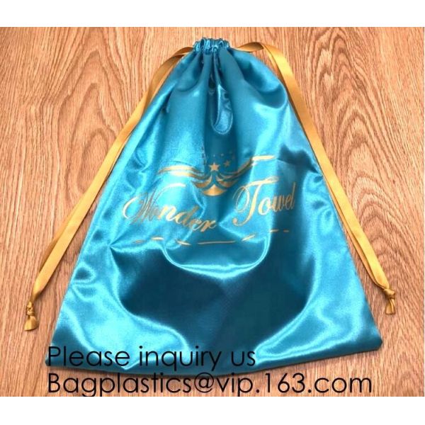 Gold Blue White Satin Packaging Bag For Towel,White Satin Bag With Gold Printing,Silk Packaging Bags For Clothing Indust