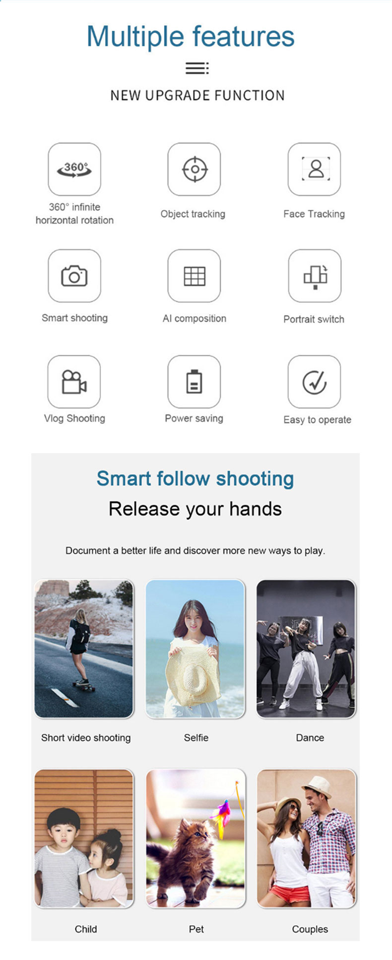 Follow Gimbal AI composition Object Tracking Auto Face Tracking Camera Phone Holder Auto Smart Shooting Selfie Stick