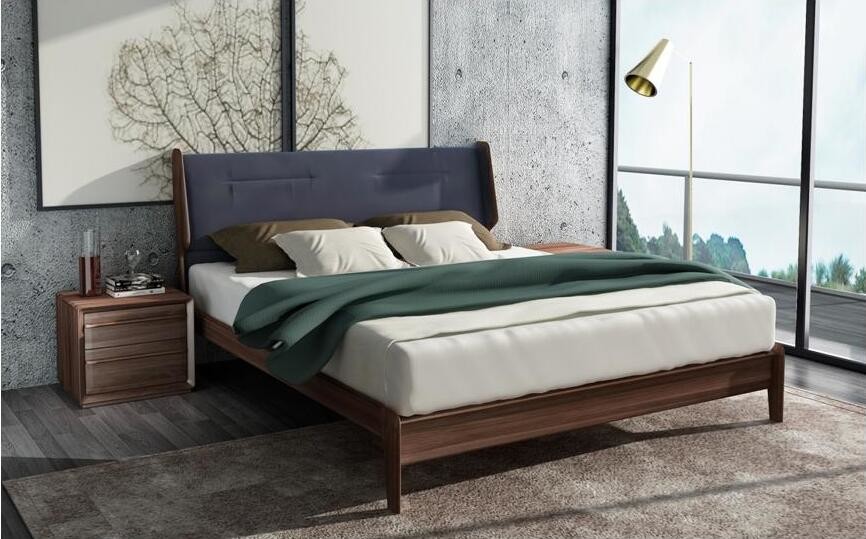 2017 New design of Leather Upholstered headboard Bed by Walnut wood frame for Young Apartment bedroom furniture use