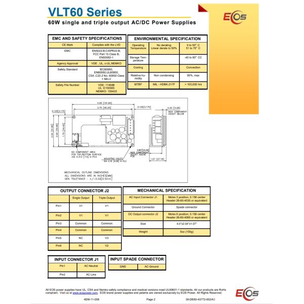 VLT60-3000S61 Triple Output Switching Power Supply 5.2 V Dc 12.5 V Dc 3 A 8 A 500mA 60W 180 → 264 V Manufactured By EOSCO