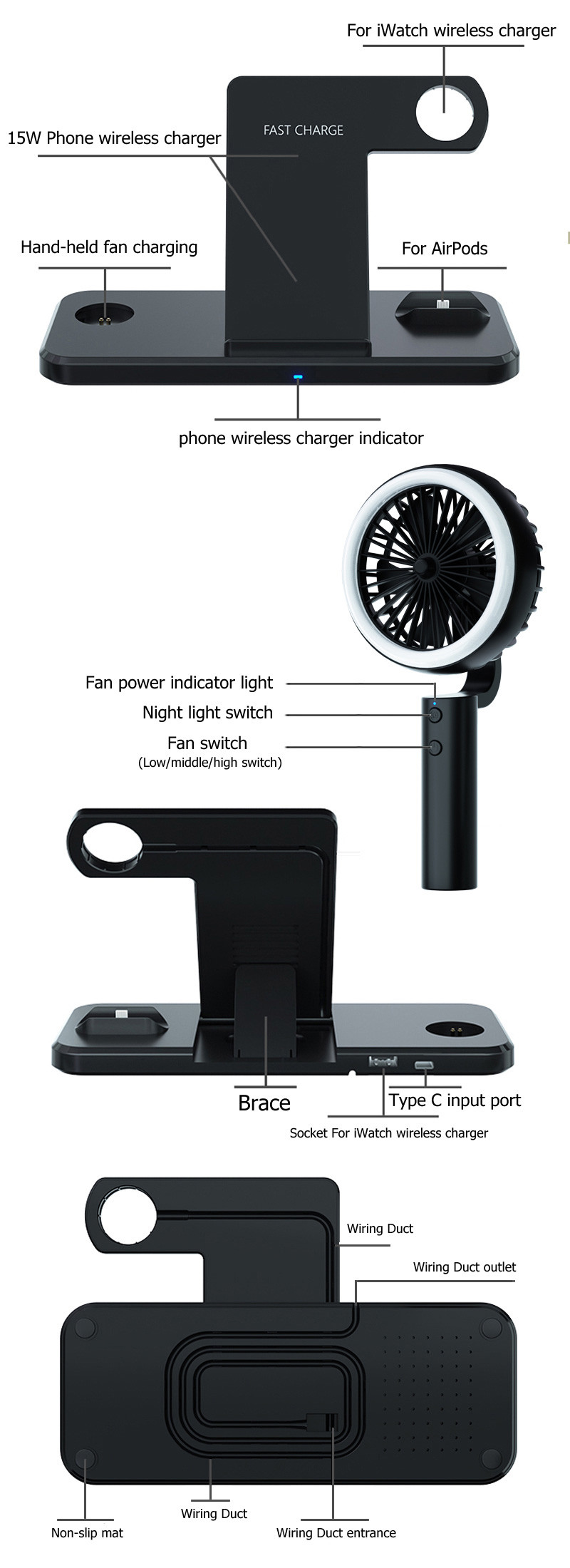 9V 2A Foldable Multifunction Fast Charger 4W Fan PC ABS With Led Night Lamp