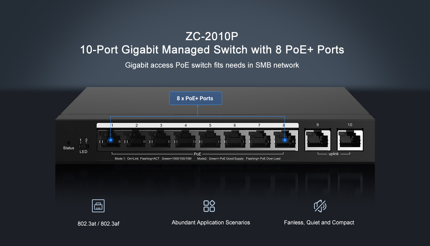 Managed 10 Port Poe Gigabit Switch ZC-2010P 70W IEEE 802.3at / IEEE 802.3af