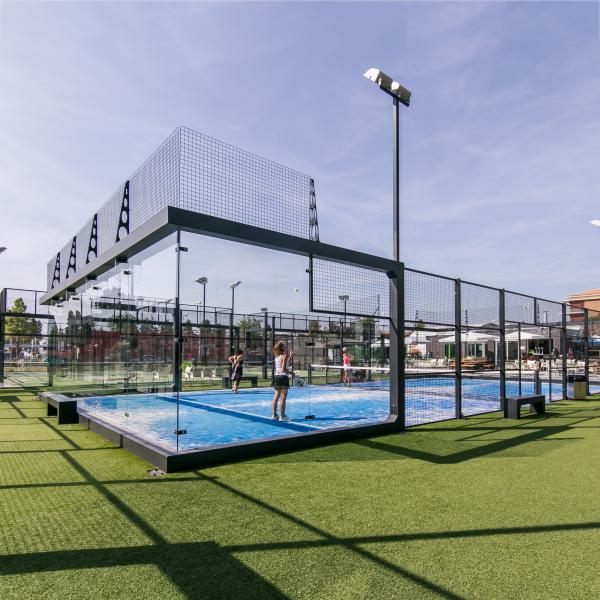 Quality Panoramic Padel Court Glass Padel Stadium 10*20m White Black Customized With LED Flood Light / Steel Post / Steel Mesh for sale