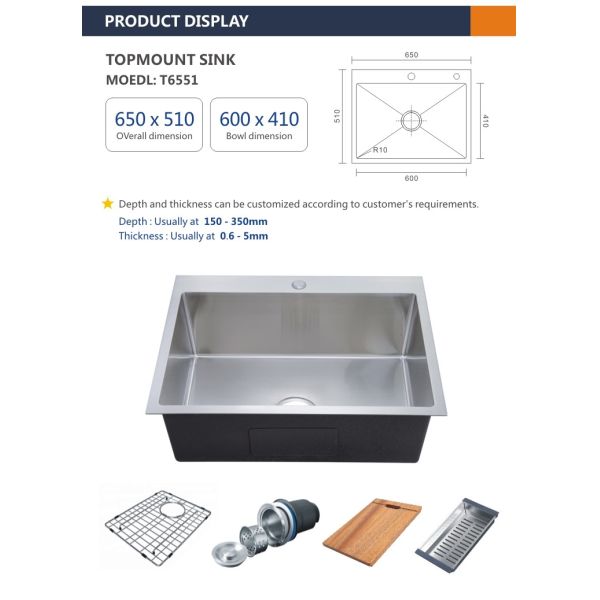 29 Inch Topmount Stainless Steel Kitchen Sink Rectangular 16 Gauge 65x51