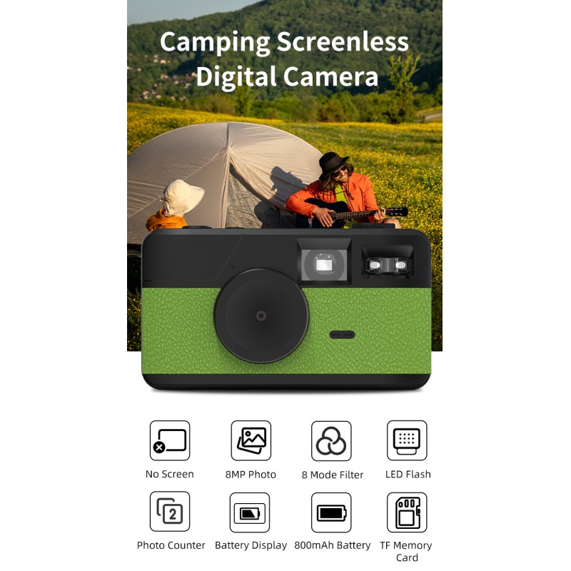 Retro Screenless Digital Camera Screen-free 8 Mode Filters Without Screen 8MP Photo with Photo Counter LED Flash Camping Camera