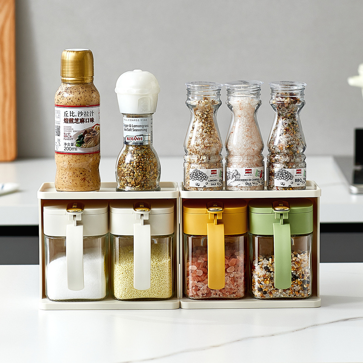 Durable 2 Grids Clear Condiments Glass Container Pots Set With Handle And Spoon