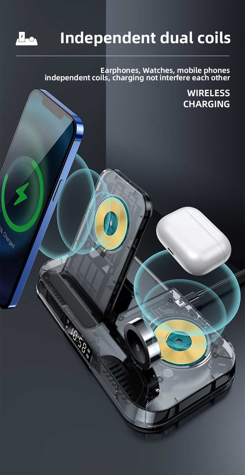 Plastic Qi Desktop Wireless Charger Alarm Clock 15W Foldable 6mm