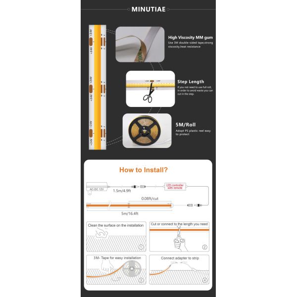 USB 5V CCT Tunable Flexible COB LED Strip 2700K-6500K Fcob Led Strip