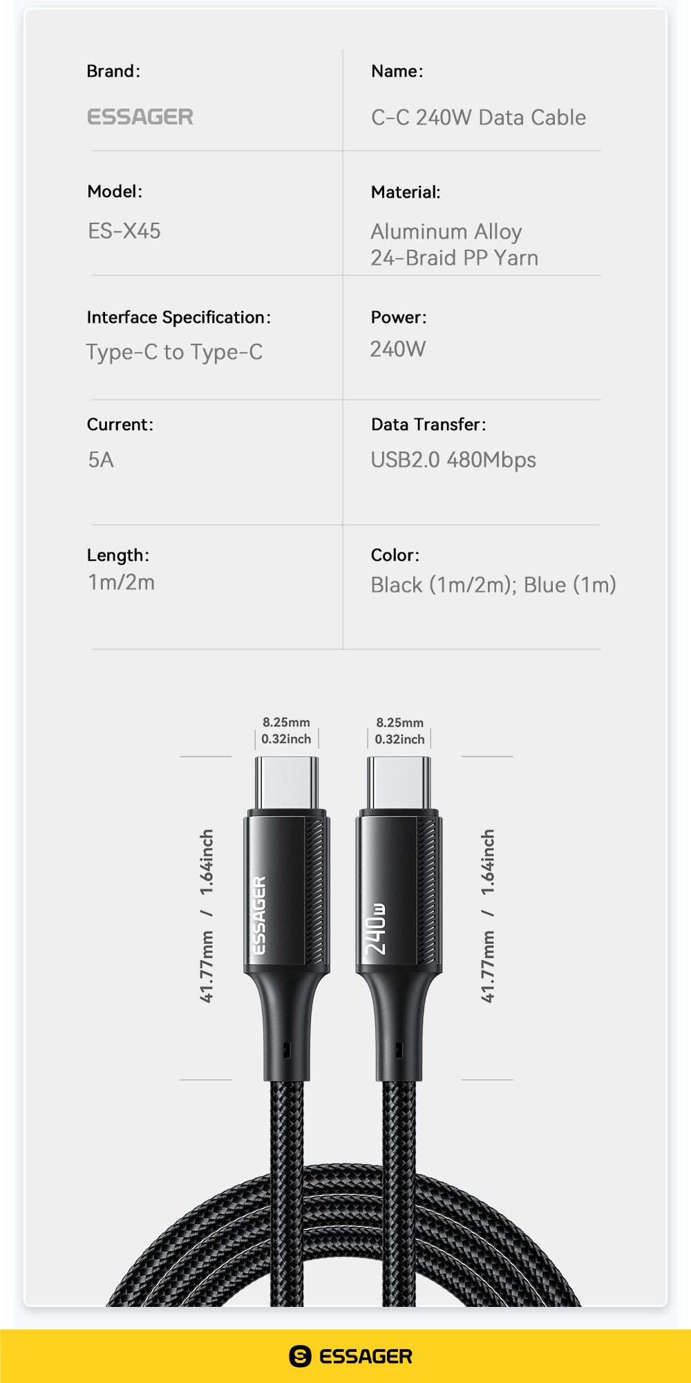 Quick Charge USB C To C Cord 240W With Tinned Copper Conductor