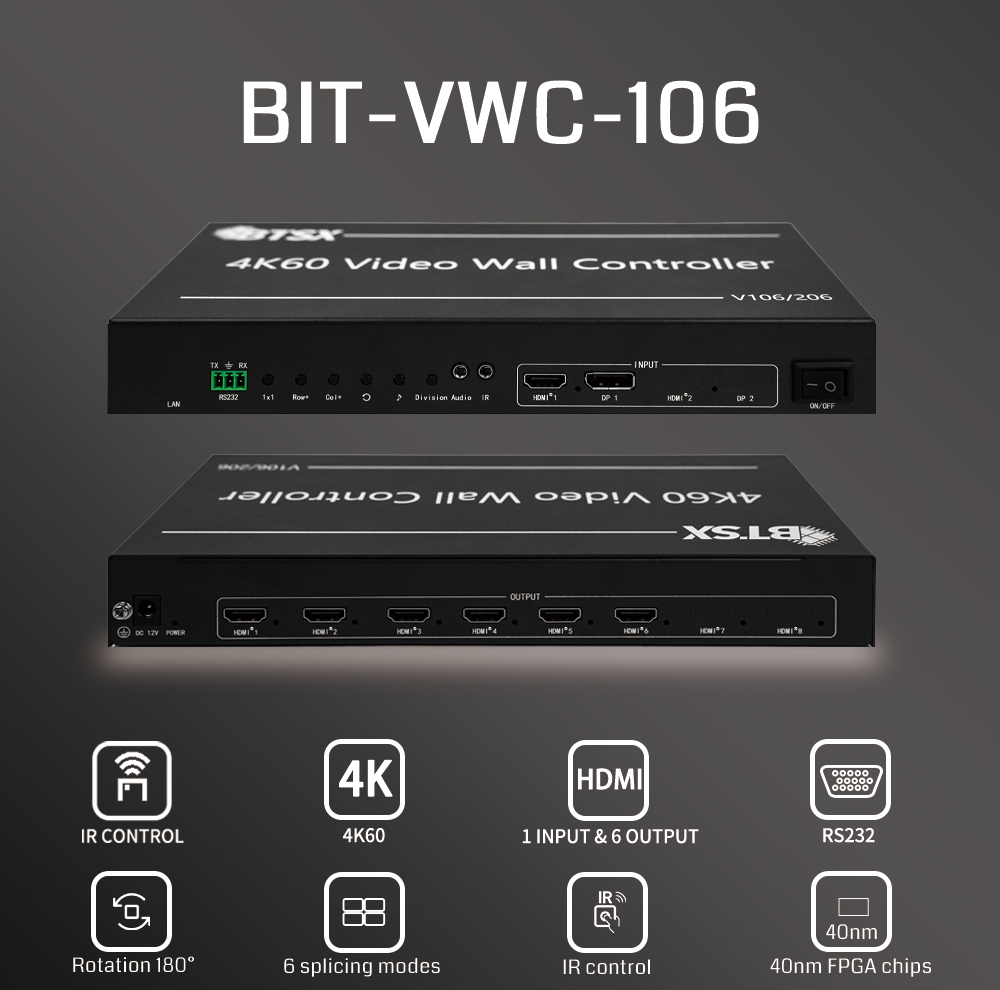 4K60 Video Wall Controller with 1 into 6 Out HDMI Video Processor and Low Power Conduction Cooling