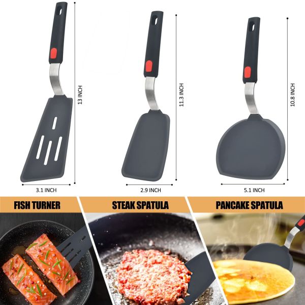Silicone Spatula Turner Set of 3 Heat Resistant Cooking Spatulas for Nonstick Cookware Large Flexible Kitchen Utensils
