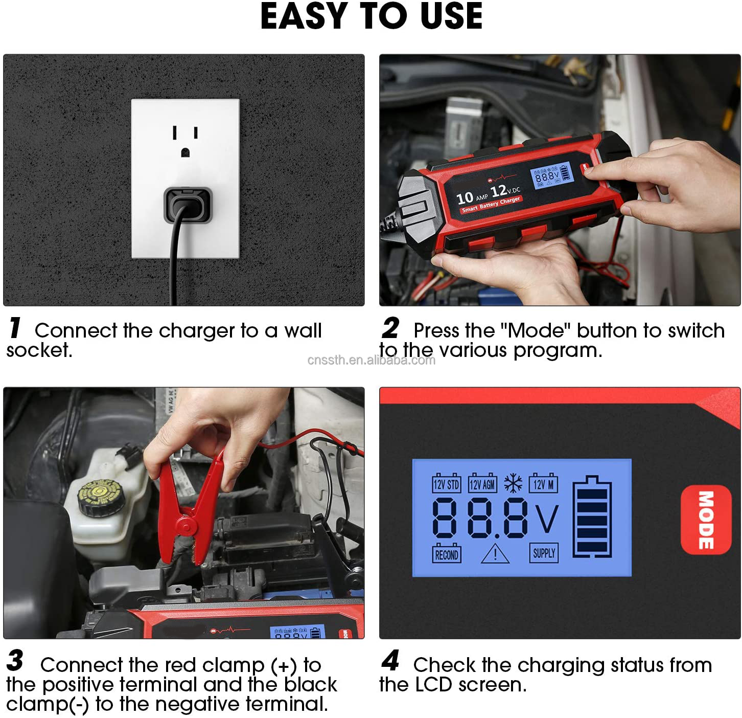 IP65 12V 10A Portable Car Battery Charger With 1M Cable Length And Jump Starting