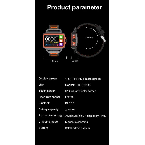 Multilingual Android Square Smart Watch Convenience Magnetic Charging Smart Watch