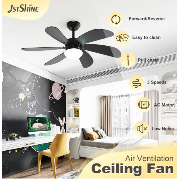 Wall Control 42 Inch LED Ceiling Fan With 6 Black MDF Blades Pull Chain Style AC Motor
