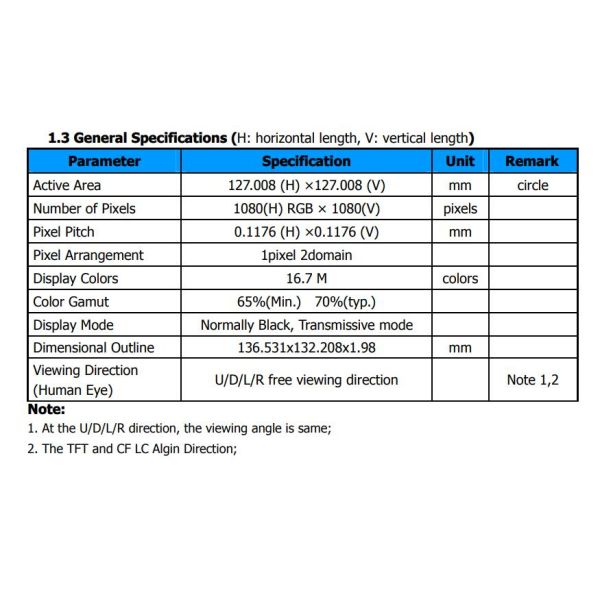 5 inch 1080X1080 Round TFT Display 5'' Circular Monitor Screen With MIPI Interface