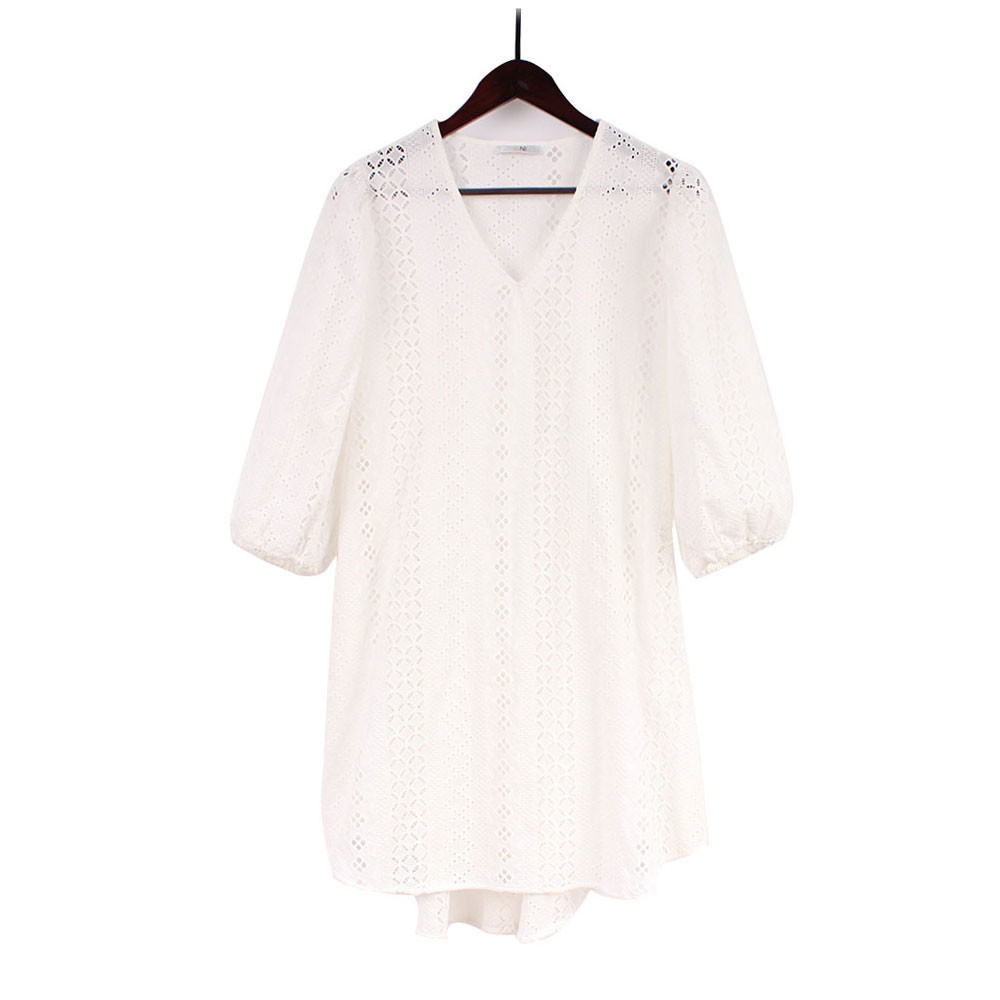 China V Neck Heavy Embroidery Organic Cotton Midi Dress wholesale