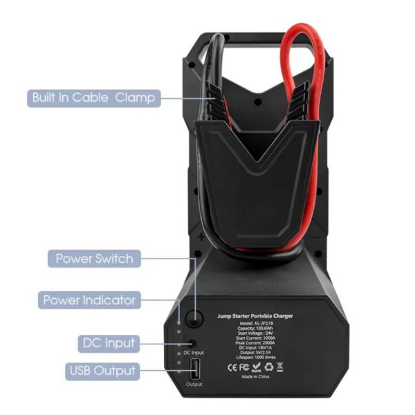 Peak Current 2000A Portable Car Battery Charger 24V Truck Jump Starter With Magnetic Base