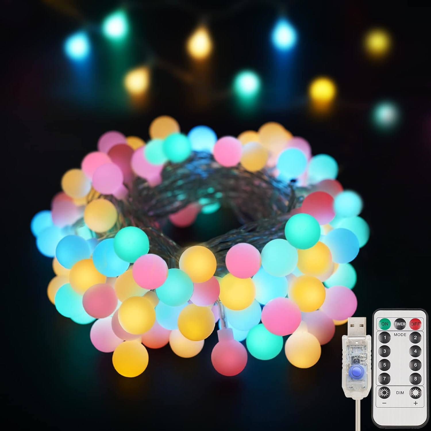 Globe String Lights Indoor Outdoor 100 Led Fairy Lights 8 Modes Colorful Remote USB String Lights for Bedroom