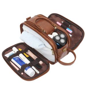China Bathroom Men PU Leather Toiletry Wash Bag Travel Shaving Dopp Kit Water Resistant wholesale