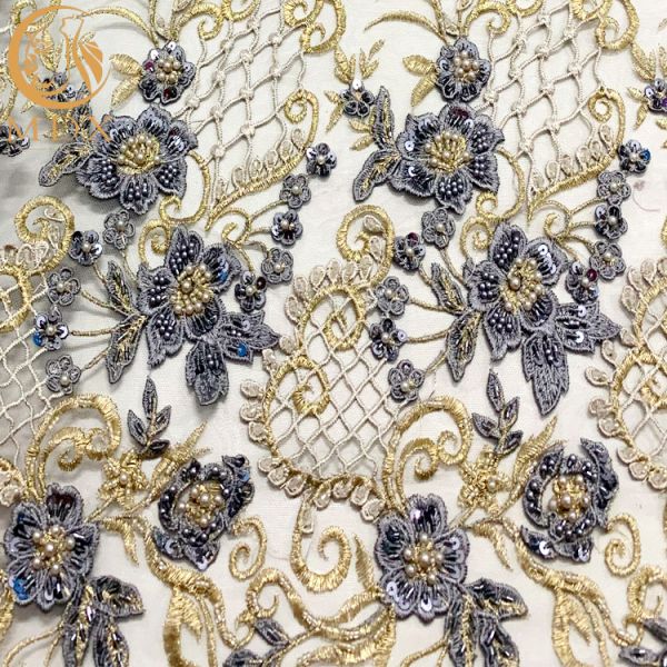 Multicolor 3D Applique Fabric Beaded Embroidery Lace For Evening Dress