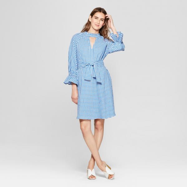 2018 New Design Ladies Long Blouson Sleeve Blue and White Gingham Dress with Belt