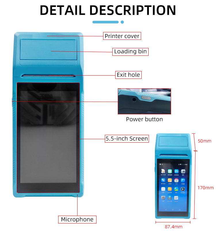 5.5inch Touch Screen Handheld POS Printer with Wireless Interface and Thermal Line Printing