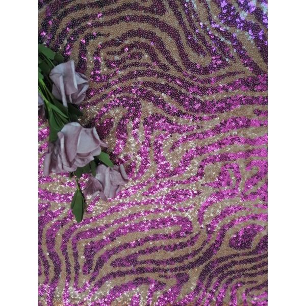 Tiger Pattern Animal Design Embroidered Sequin Lace Fabric purple Color