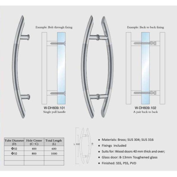 Sliding Glass Door Handle Set SUS304 No lock office door entry door push pull handles Interior or Exterior W-DH609