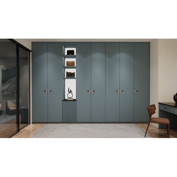 Blue Grey Custom Walk In Closet With Multi Drawer Island And Black Mirrored Vanity