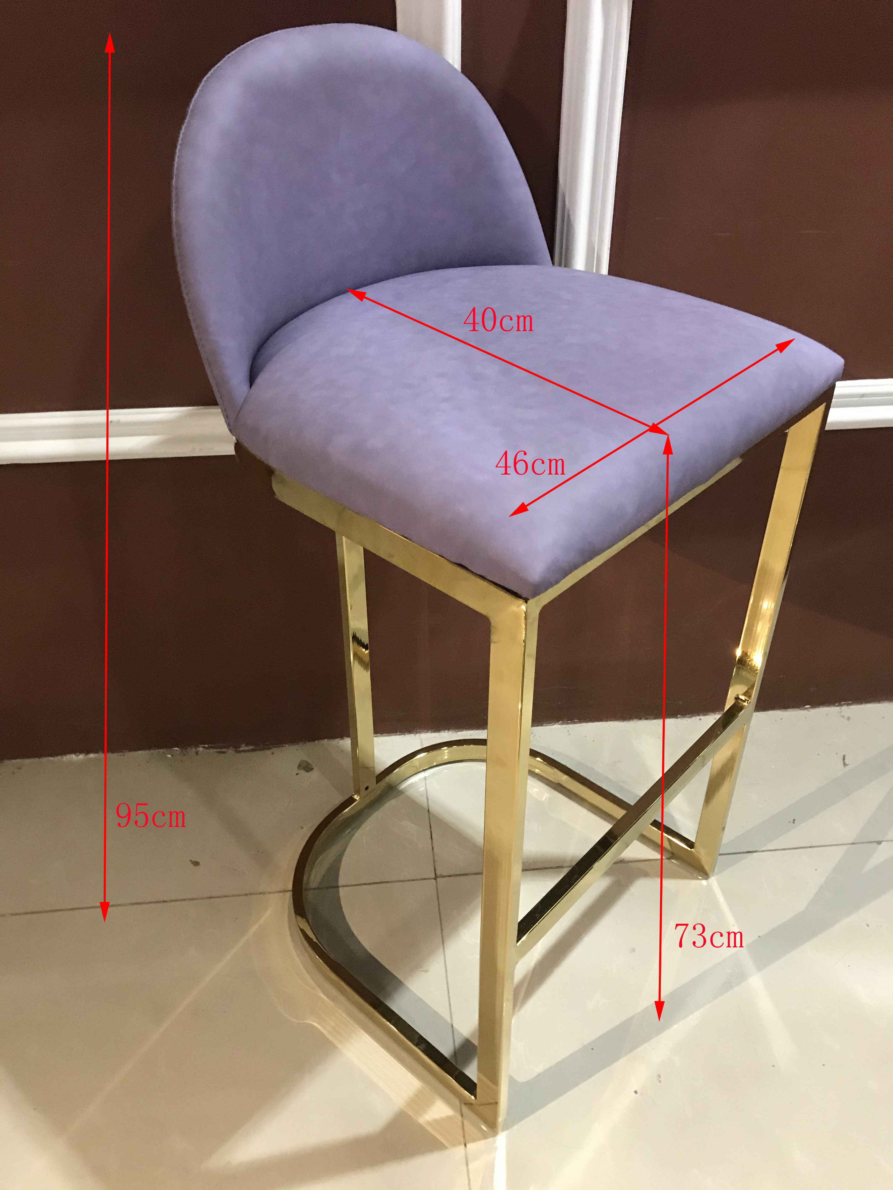 Gray Velvet Soft 40cm 95cm Wrought Iron Bar Chair