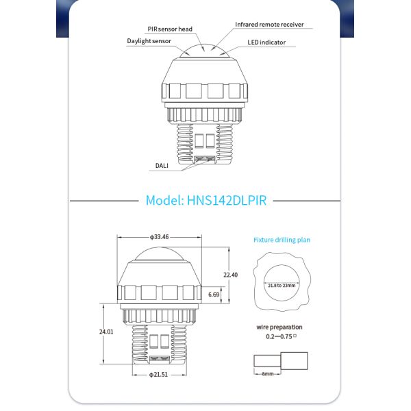 Zhaga Book20 Based PIR Motion Sensor, tri-level dimming, DALI-2 Output, D4i compliant, Self-Contained "Application Controller", Enhanced Highbay Range