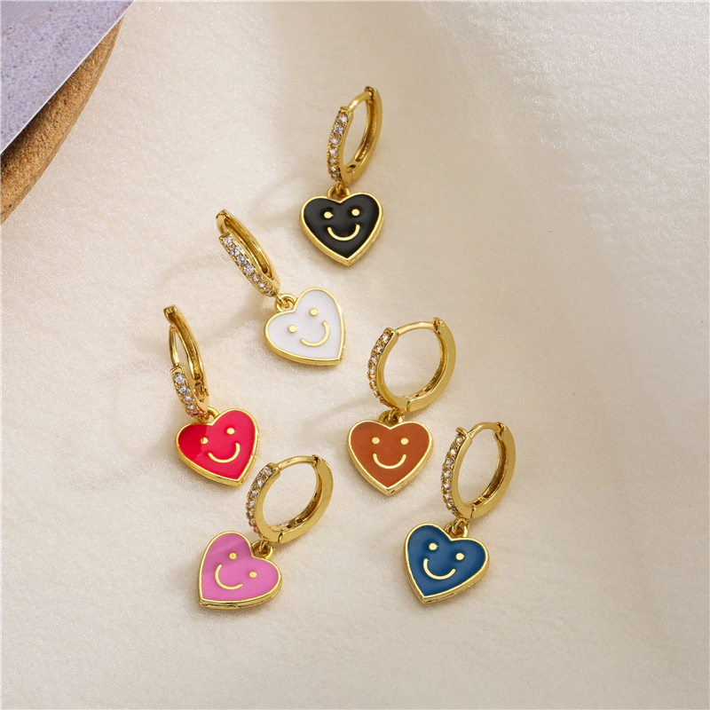 Smiley Face14k Gold Jewelry Enamel Oil Drop Love Heart Dangle Earrings
