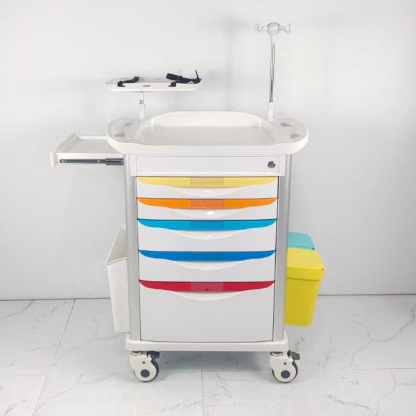 Quality Centralized Locked Hospital Emergency Cart With Sliding Side Shelf Needle Disposal Holder for sale